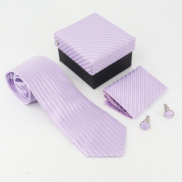 NEW 3-Pc Boxed Gift Tie Set Coordinated Print Cuff Links Hankerchief Hand Sewn - Picture 1 of 4